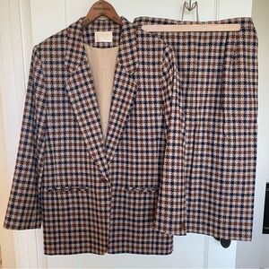 Pendleton Wool Houndstooth Blazer and Skirt Set in Brown and Navy Blue